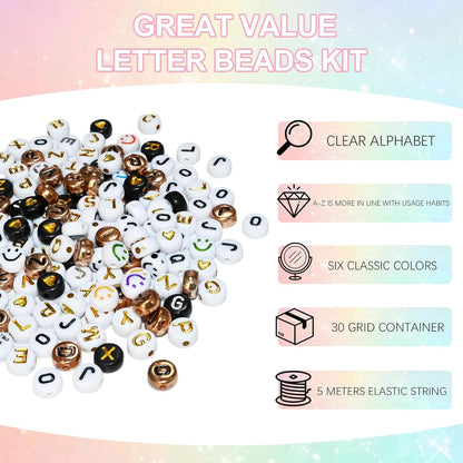 Amaney 1400pcs Glow Letter Beads, Heart Beads Whit Elastic Beading Cord,4x7mm Round Acrylic Alphabet Beads for Friend Bracelet Jewelry Making