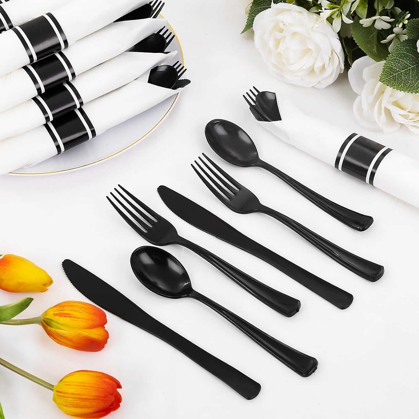 Supernal 240 Silver Plastic Silverware Set - 60 Sets Pre Rolled Napkins with Cutlery - Mirror Polished Real Look Disposable Silver Utensils- Elegant Heavy Duty Flatware for Weddings & Catering