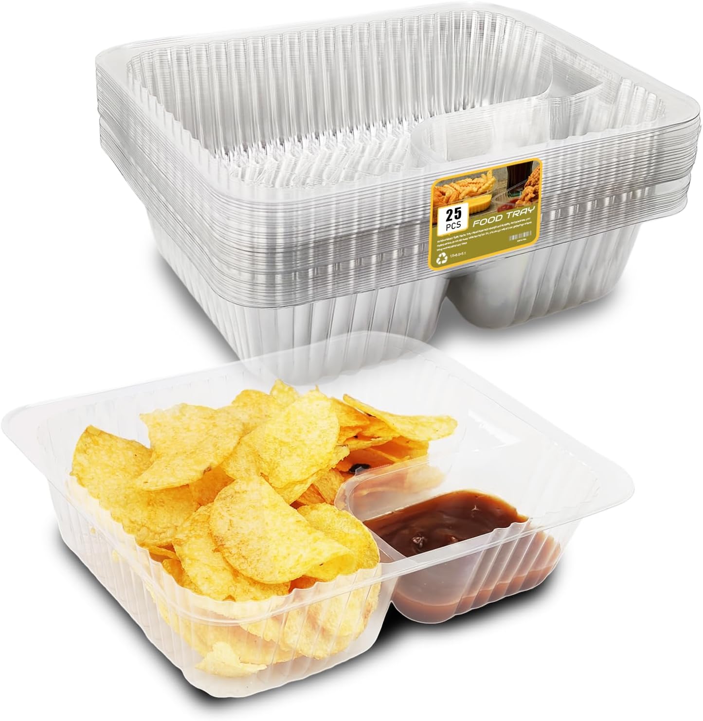 50 PC Nacho Trays Disposable, 12oz Plastic Nacho Containers with Chip and Dip Holder, 6x5 In 2 Compartments Clear Snack Trays for Kids,Parties, Movie Night Supplies (Plastic-50pc)