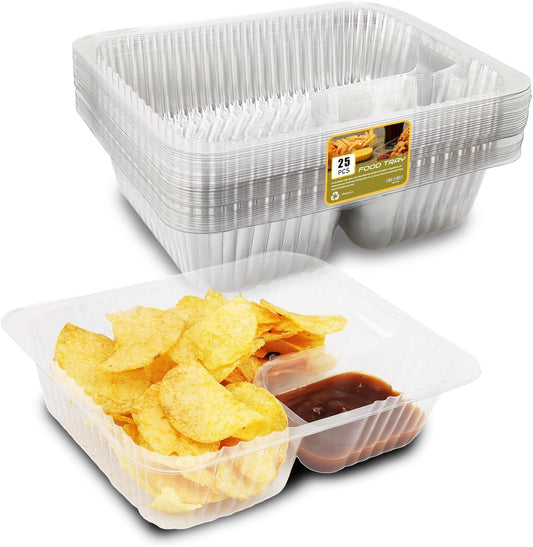 50 PC Nacho Trays Disposable, 12oz Plastic Nacho Containers with Chip and Dip Holder, 6x5 In 2 Compartments Clear Snack Trays for Kids,Parties, Movie Night Supplies (Plastic-50pc)