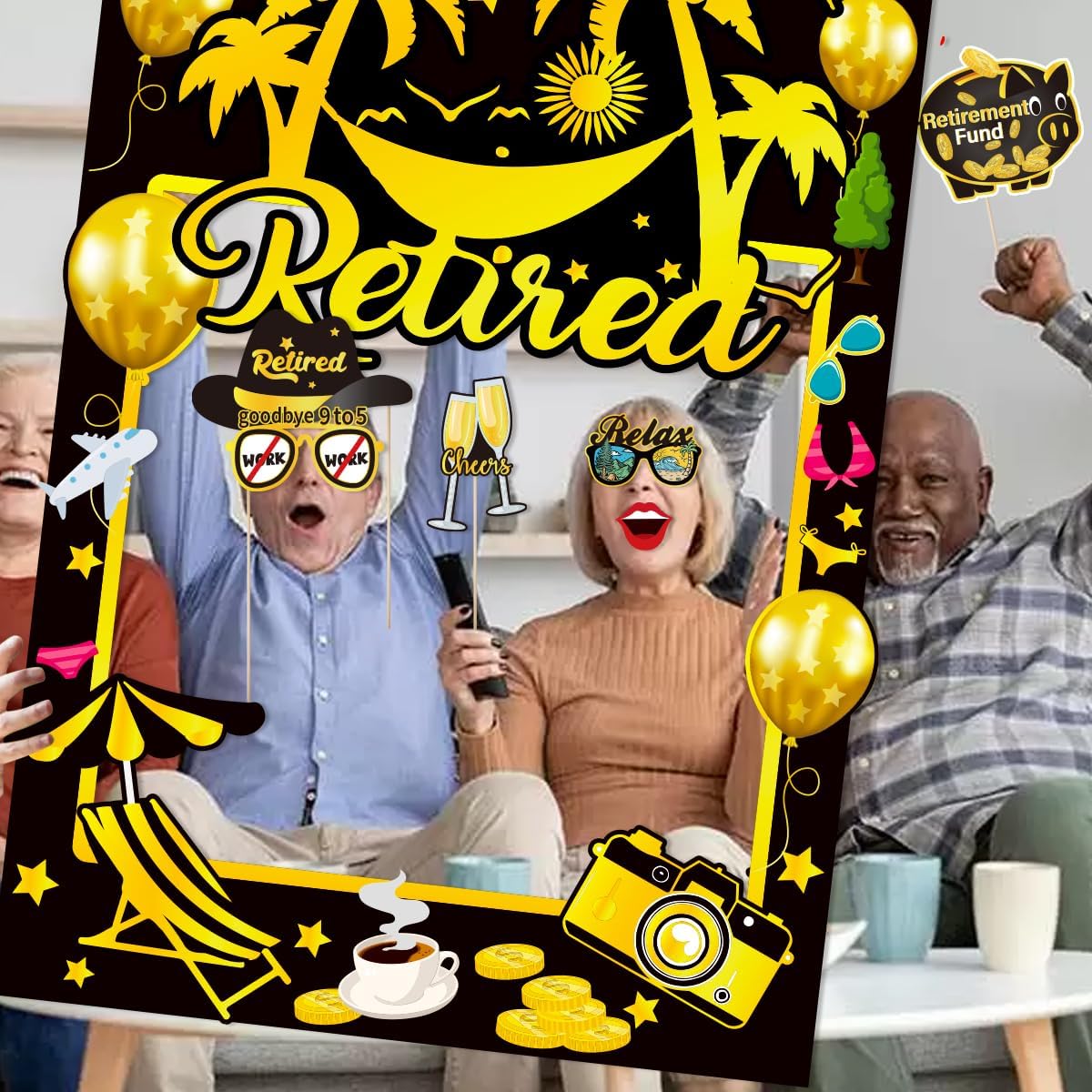 Retirement Party Photo Booth Props Kit Retirement Selfie Props Retirement Party Supplies Retirement Happy Party Decoration - 30pcs Selfie Props with Happy Retirement Frame - Black and Gold Theme