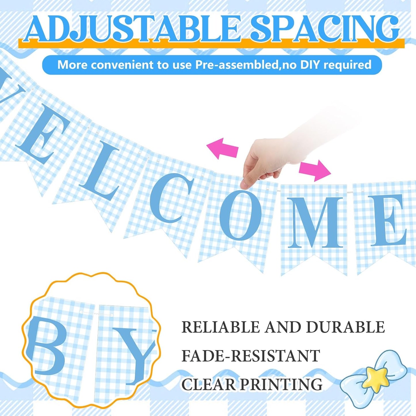 Hahafelt 1 Pcs Blue Gingham Welcome Baby Boy Banner for Baby Shower Party Decorations Pre Strung Gender Reveal Paper Banner for Table, Wall, Mantel Display Party Decor Supplies