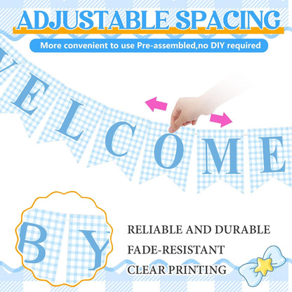 Hahafelt 1 Pcs Blue Gingham Welcome Baby Boy Banner for Baby Shower Party Decorations Pre Strung Gender Reveal Paper Banner for Table, Wall, Mantel Display Party Decor Supplies