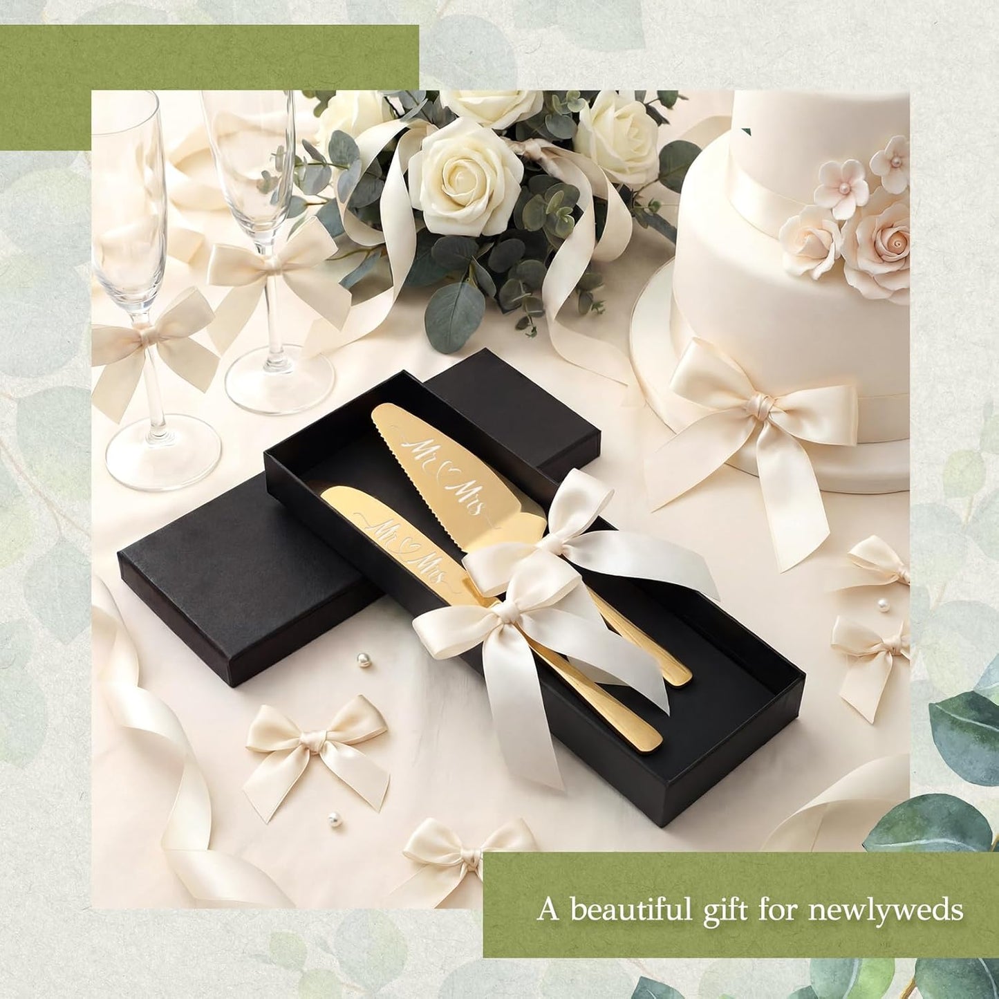2 Pcs Bow Gold Wedding Cake Knife and Server Set Ivory White Ribbon Bow Mr Mrs Cake Cutting Set Boho Pastry Pie Server Pizza Cutter for Engagements Anniversaries Gifts for Couples
