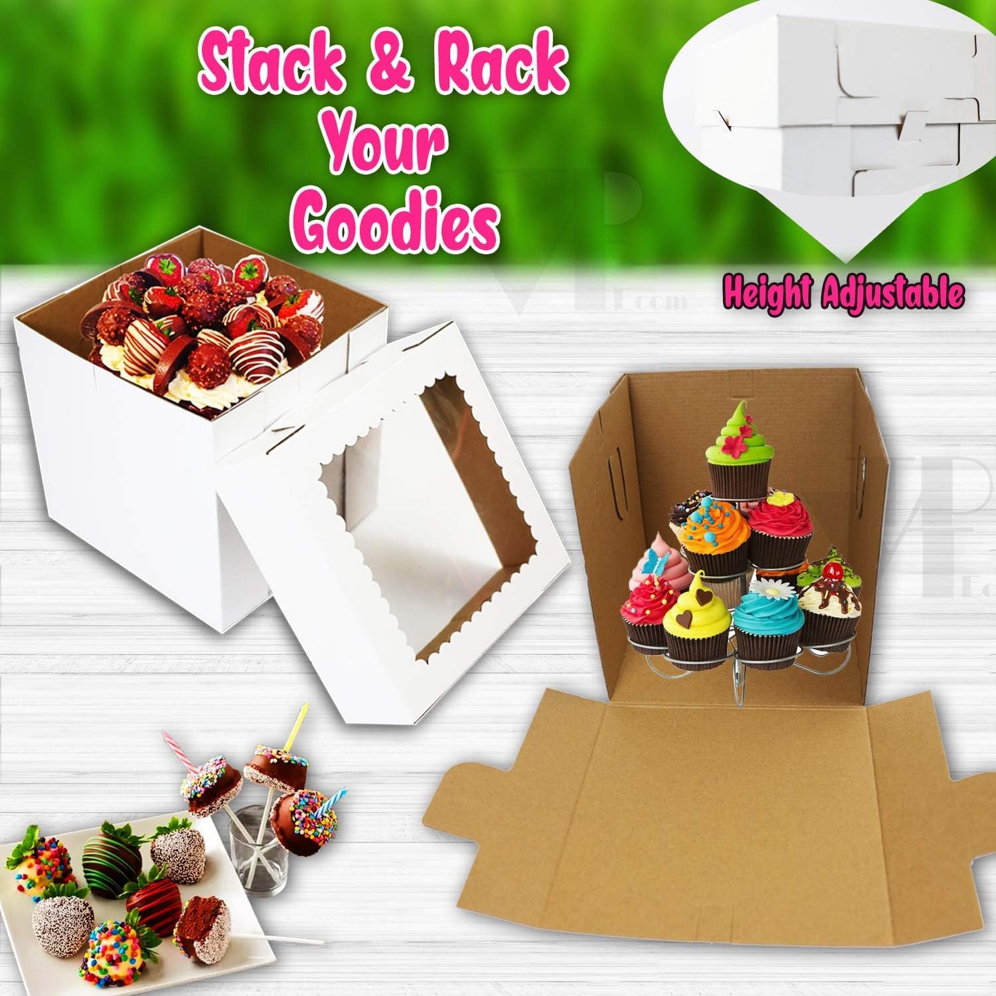 12 Pcs Tall Cake Boxes with Window in 6 Sizes + 15 Thank You Stickers 12x12 10x10 8x8, Bakery Boxes disposable carrier take out container, In 12 10 8 inch 2 3 tier wedding birthday