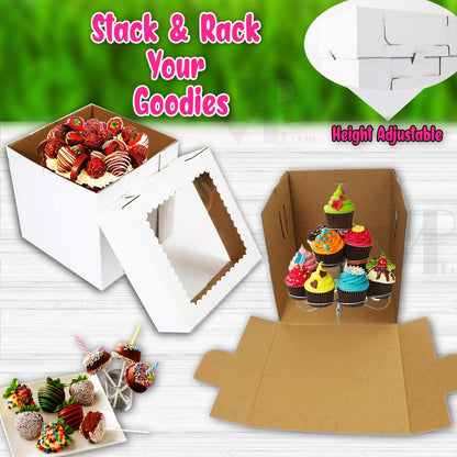 12 Pcs Tall Cake Boxes with Window in 6 Sizes + 15 Thank You Stickers 12x12 10x10 8x8, Bakery Boxes disposable carrier take out container, In 12 10 8 inch 2 3 tier wedding birthday