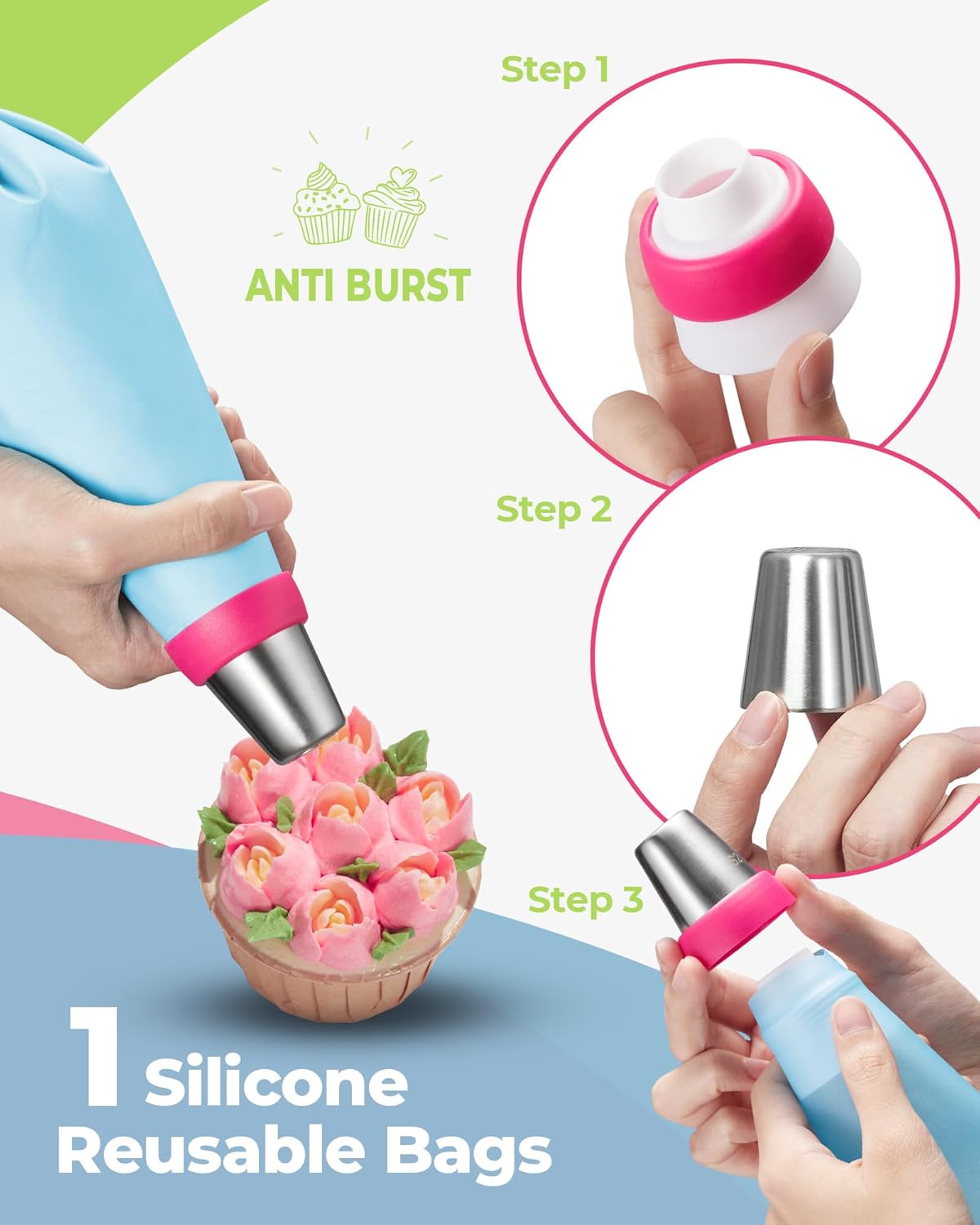 Kootek 48Pcs Russian Piping Tips Set, Piping Bags and Tips Set with 12 Russian Tips, 2 Icing Tips, 30+1 Pastry Bags, 3 Couplers for Cake Decorating, Cupcake, Cookie, Baking