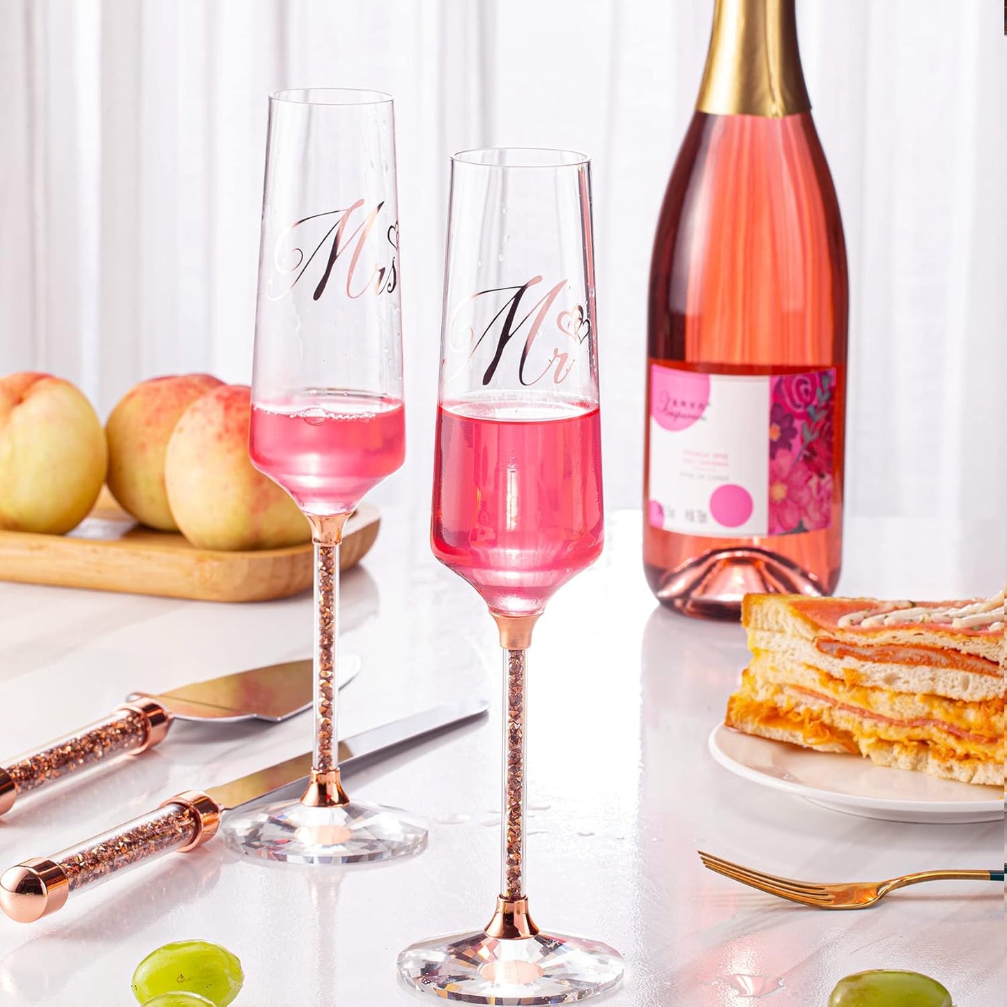 Wedding Cake Knife and Server Set, Mr and Champagne Flutes with Wedding Cake Cutting Set for Bride and Groom Toasting (Clear)