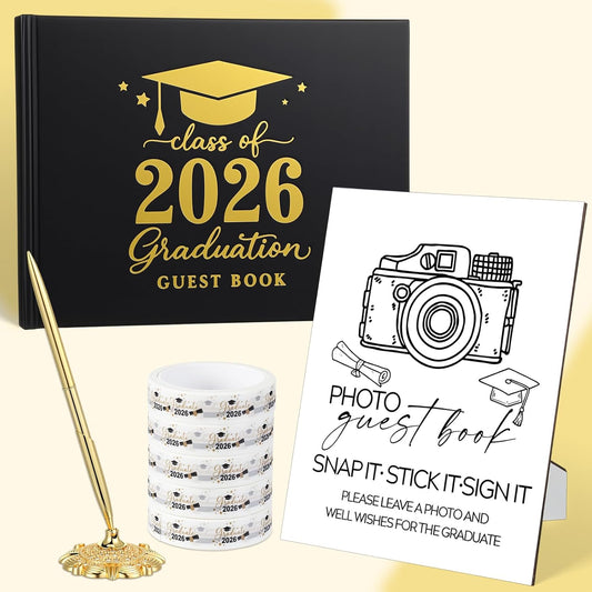 Gersoniel 8 Pcs 2026 Graduation Guest Book Set Photo Sign in Book 100 Pages Class of 2026 Scrapbook Photo Album with Pen Wooden Display Stand Washi Tape DIY for Grad High School College Party Supplies