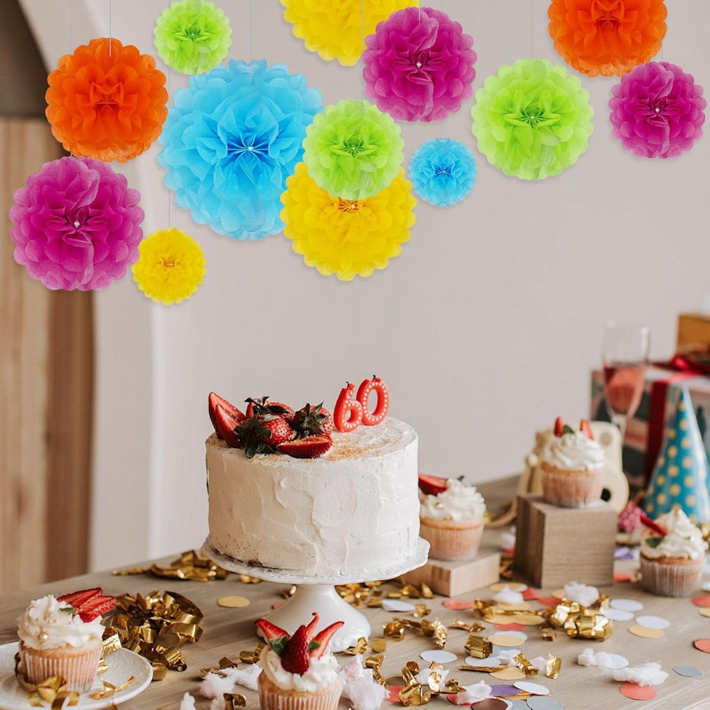 Tissue Paper Pom Poms, Pink Tissue Paper Flowers, Hanging Flower Balls for Weddings Fiesta Parties Birthday Baby Showers Classroom Bridal Shower Decoration (18Piece Set-6/10/12/14Inch)