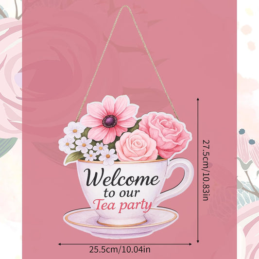 Tea Party Decorations Door Sign, Colorful Teacup Shaped Floral Welcome Plaque Hanging Wooden Decor for Women Afternoon Tea Home Front Door & Wall Decoration Supplies