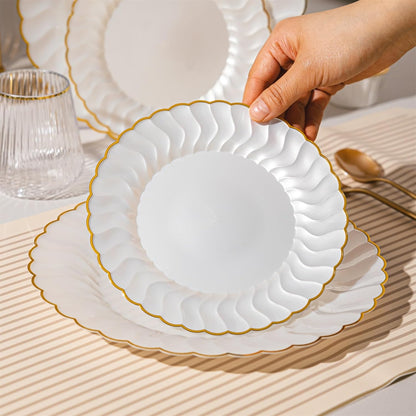 Lullaby 60PCS Ivory Scalloped Plastic Plates with Gold Rim, Disposable Elegant Plates Include 30pcs Dinner Plate 10.25", 30pcs Plastic Dessert Plate 7.5", Perfect for Wedding and Party