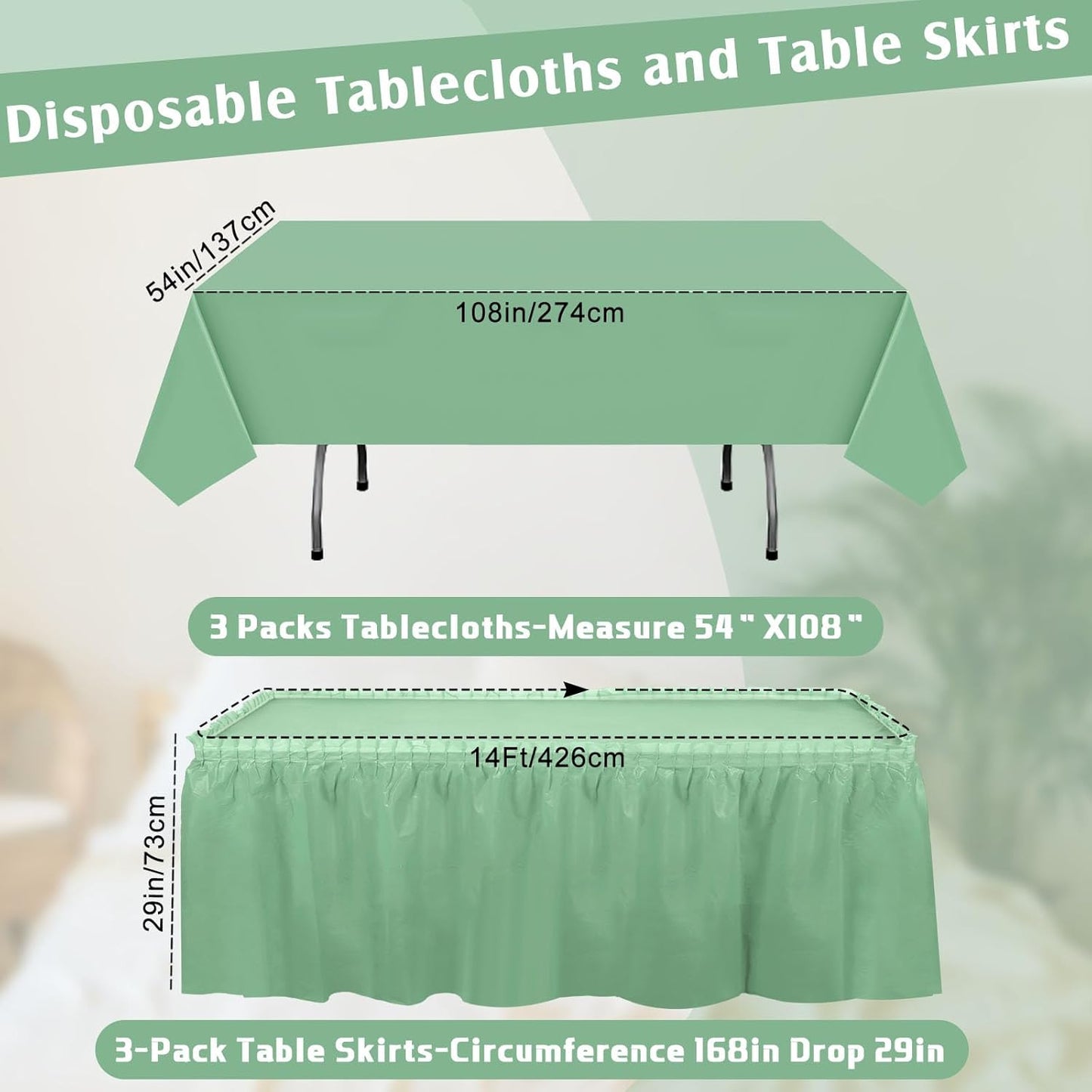 Oudain 6 Pcs Plastic Table Skirts and Stainproof Table Cloths 54 x 108 in Plastic Ruffle Tablecloth 168 x 29 Inches Disposable for Wedding Baby Shower Valentine Spring Easter Party(White)