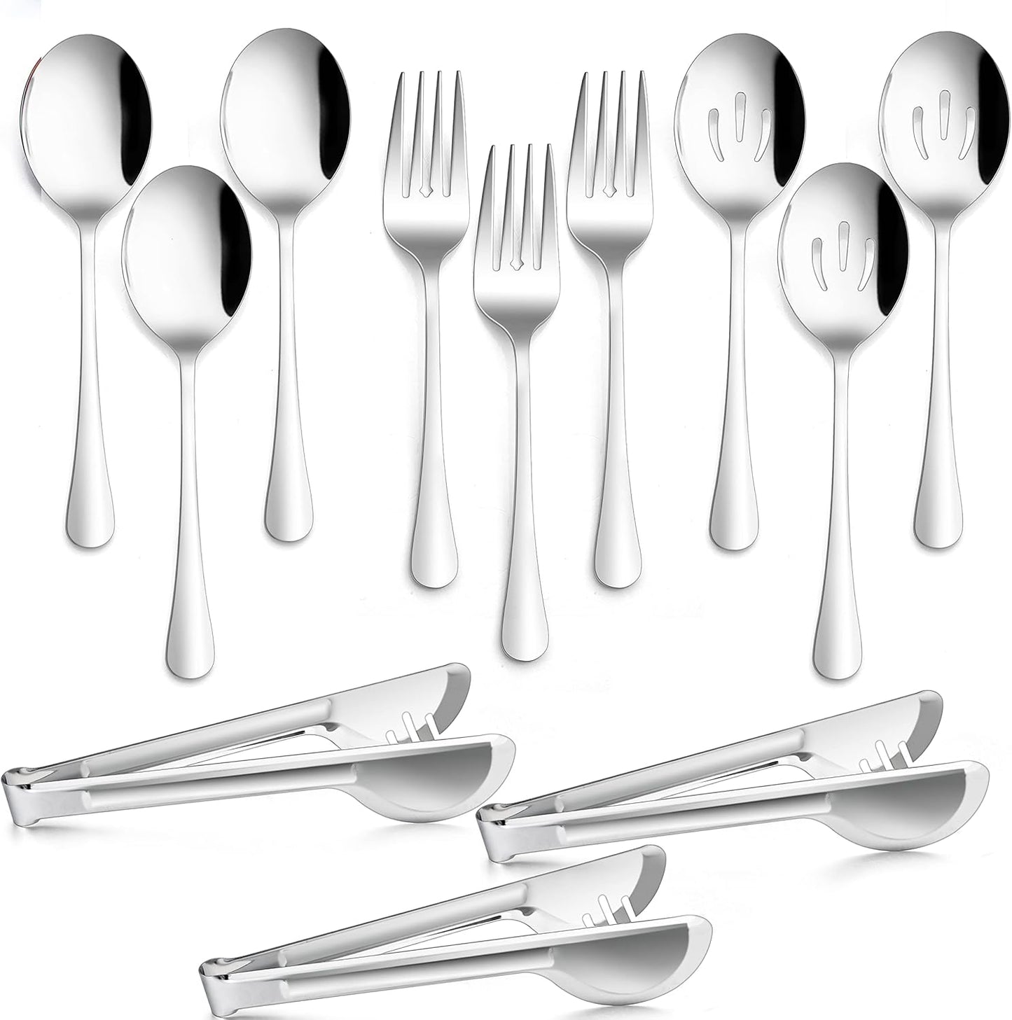 Large Black Serving Utensils Set of 12, E-far Stainless Steel 9.8 Inch Serving Spoons Slotted Spoon, 9.9 Inch Forks, 9.4 Inch Tong for Buffet Catering, Mirror Finish & Dishwasher Safe