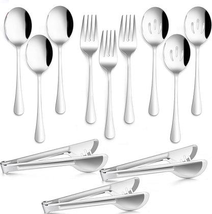 Large Black Serving Utensils Set of 12, E-far Stainless Steel 9.8 Inch Serving Spoons Slotted Spoon, 9.9 Inch Forks, 9.4 Inch Tong for Buffet Catering, Mirror Finish & Dishwasher Safe