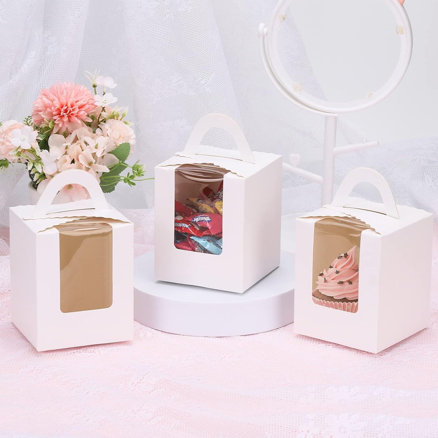 acDesign 100Pcs Cupcake Boxes With Window 3.6in*3.6in*4.3in Single Individual Cupcake Boxes With Handle and Inserts for Wedding Birthday Party Treats Gift,Black