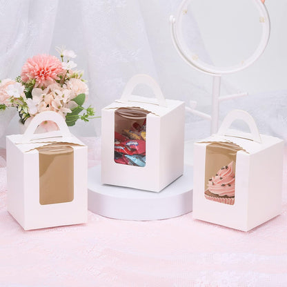 acDesign 100Pcs Cupcake Boxes With Window 3.6in*3.6in*4.3in Single Individual Cupcake Boxes With Handle and Inserts for Wedding Birthday Party Treats Gift,Black