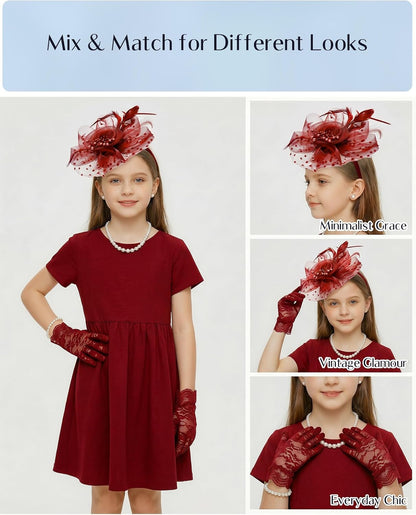 Girls Tea Party Fascinators Hats for Kids Fascinator Tea Party Hat Headband with Gloves Accessories for Girls