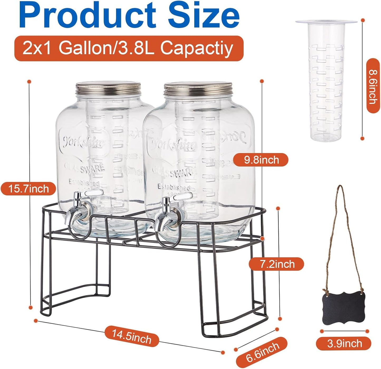 1 Gallon Glass Drink Dispensers for Parties, 2PACK Beverage Dispenser with Stand, Fruit Infuser and Stainless Steel Spigot 100% Leakproof, Beverage Dispenser for Lemonade Sun Tea