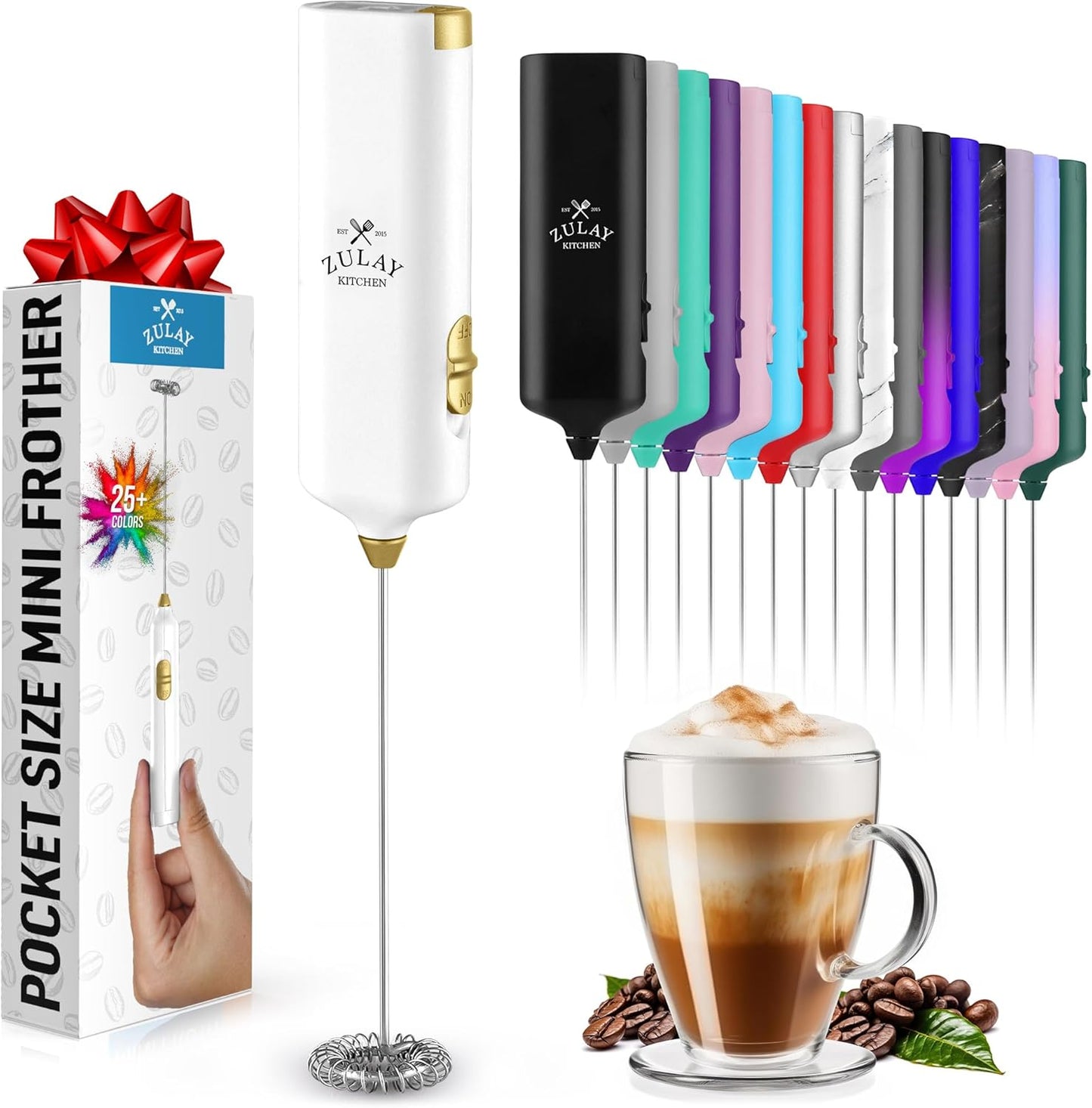 Zulay Kitchen Powerful Milk Frother AA Batteries Included – Ultra Fast Handheld Drink Mixer with Stainless Steel Whisk Stirrer for Coffee, Protein, Matcha & More, Frother Wand Electric Frothmate Black - Colors E