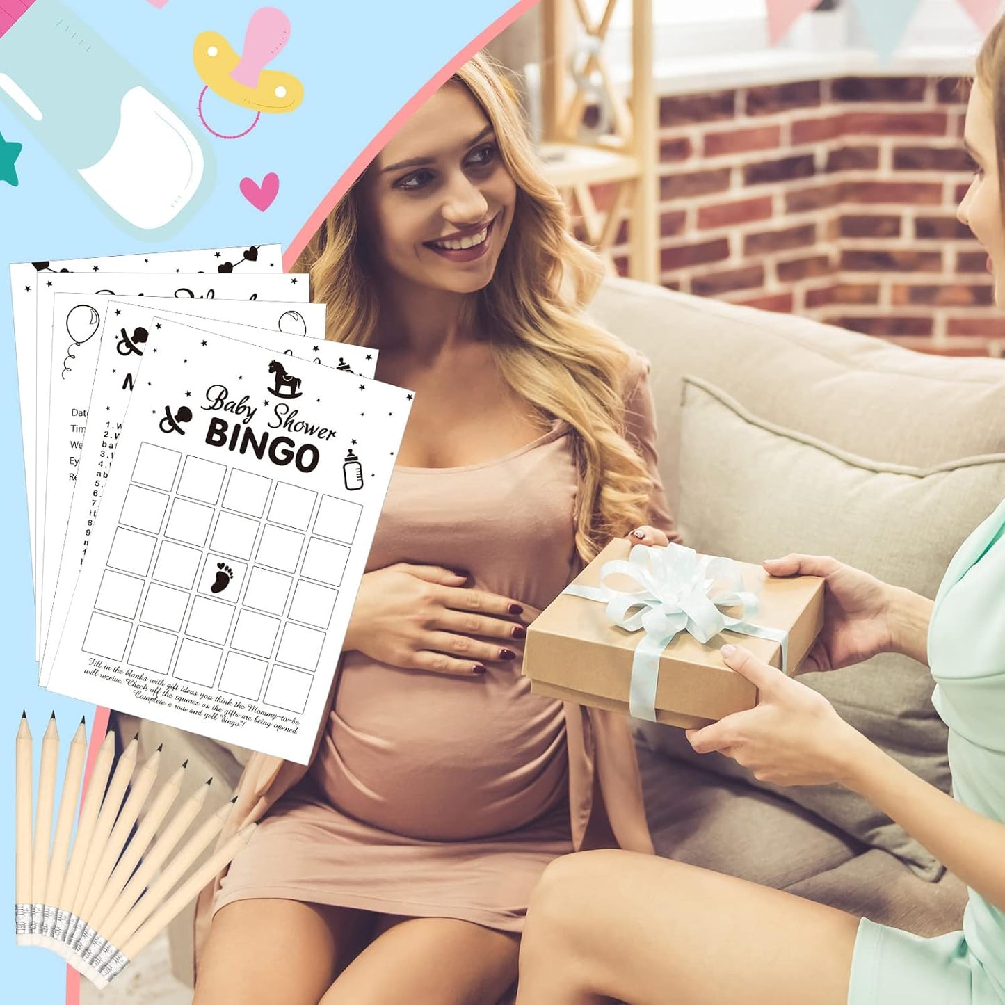 Yinder 145 Pcs Baby Shower Games Activities Cards with 20 Pencils Includes Baby Bingo Description and Wishes Guess Who Price is Right Word Scramble Game(Here Comes the Son)