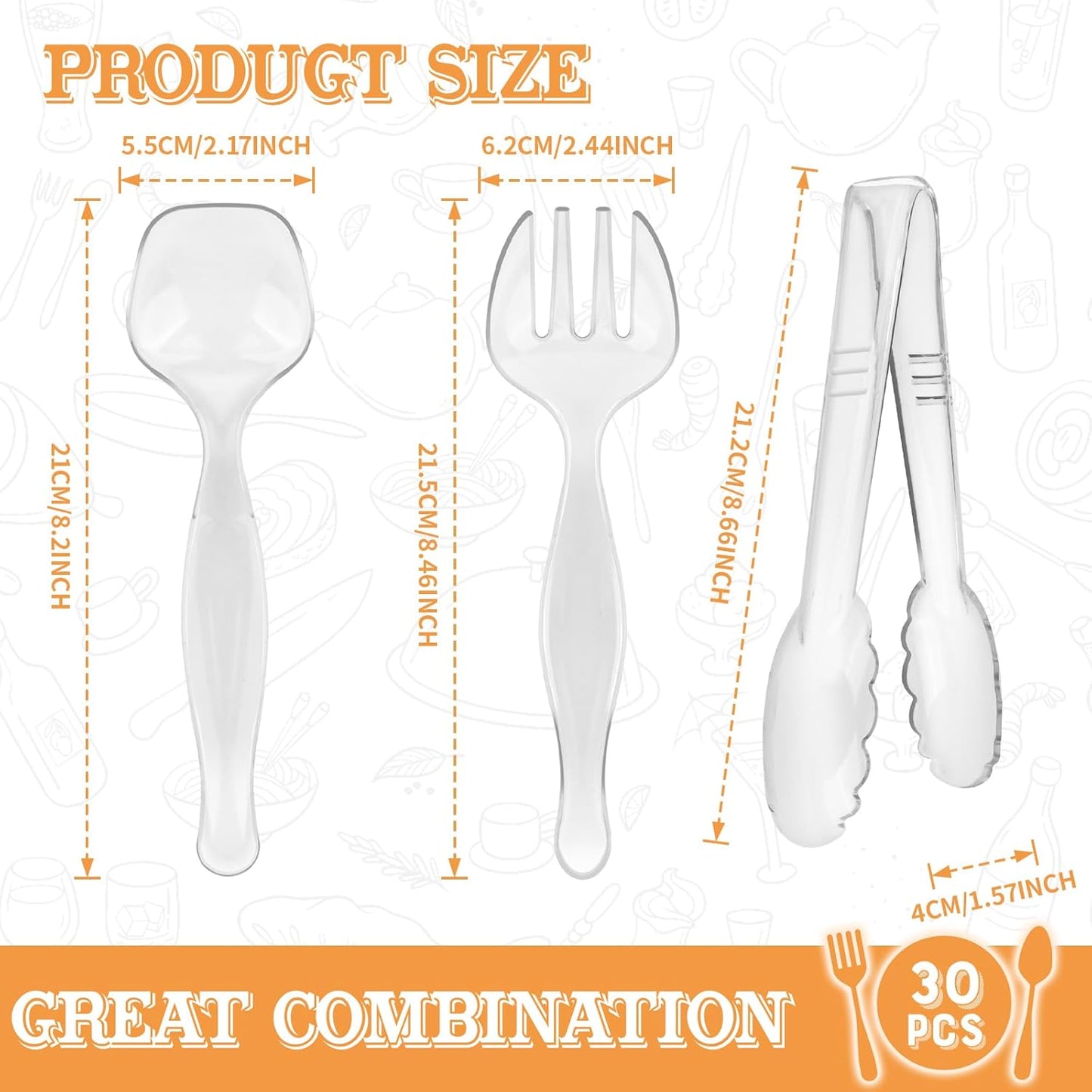 30 Pcs Clear Plastic Serving Utensils Set - Includes 10 Spoons, 10 Tongs, 10 Forks - Heavy Large Disposable Serving Utensils for Parties, Holidays & Events (Clear)