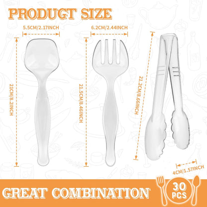30 Pcs Clear Plastic Serving Utensils Set - Includes 10 Spoons, 10 Tongs, 10 Forks - Heavy Large Disposable Serving Utensils for Parties, Holidays & Events (Clear)