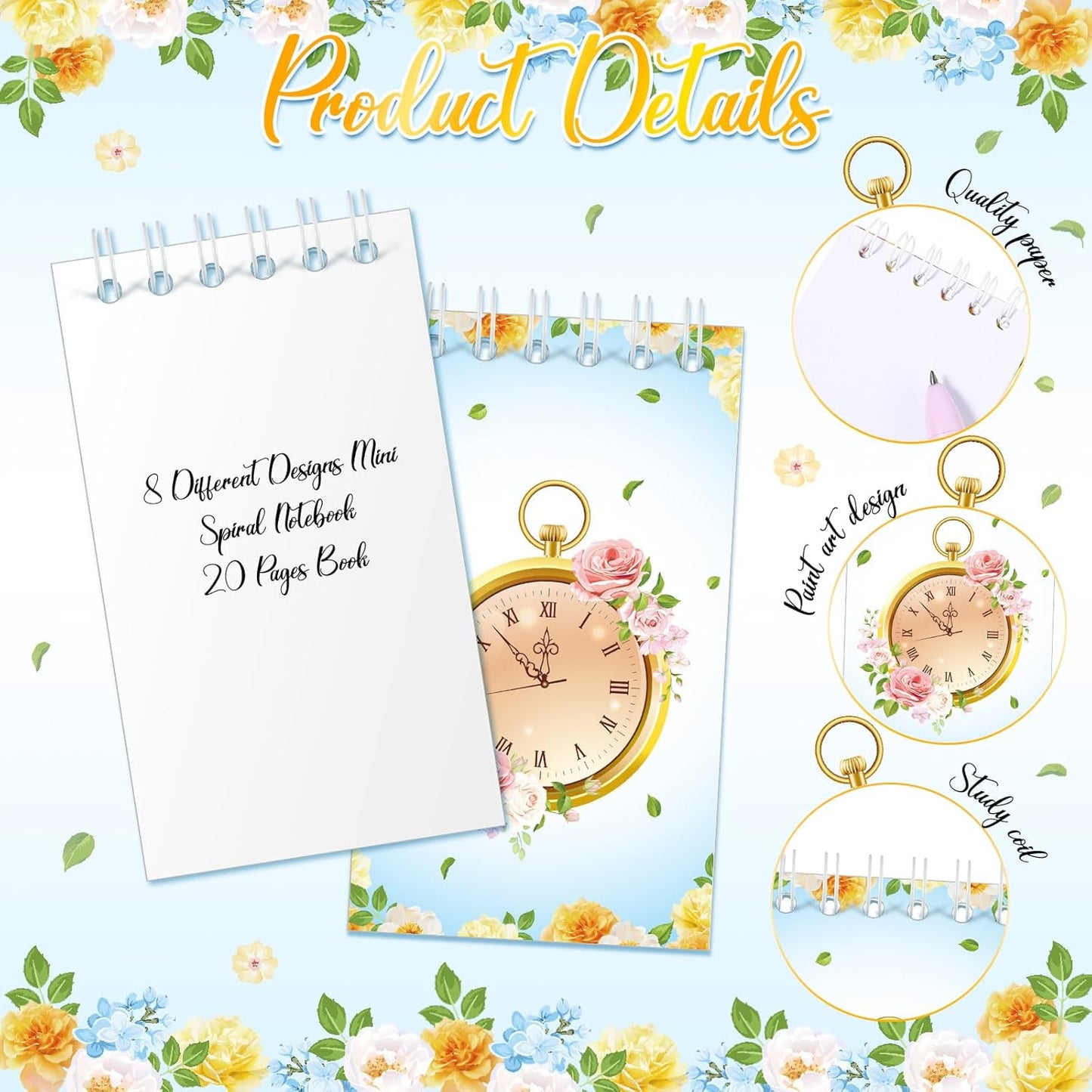 Faccito 24 Pcs Mini Tea Notebook Floral Tea Mini Notepad Party Favors Teapot Party Small Spiral Pocket Notebooks Floral Teapot Time Notepad Memo Spiral Notebooks for Birthday Classroom Reward Supplies