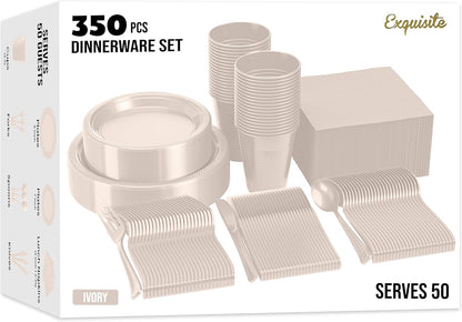 350 Pcs Black Plastic Plates For Party, Black Disposable Plates Set, 50 Of Each 9" Dinner Plate Set, 7" Dessert Plate, Cups, Napkins & Cutlery Plastic Dinnerware Set Exquisite