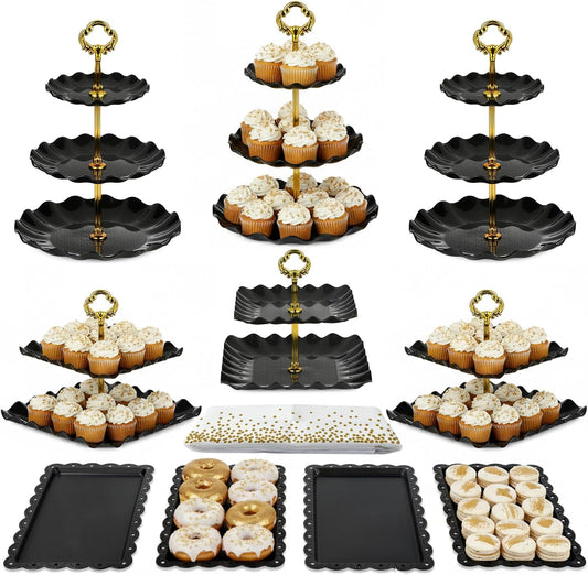 Pack of 11 NWK Cake Stand Set, with 3 x Two-Tier and 3 x Three-Tier Cupcake Stands, 4 x Appetizer Trays, 1 x Tablecloth for Birthday Bridal Baby Shower Party (Gold)