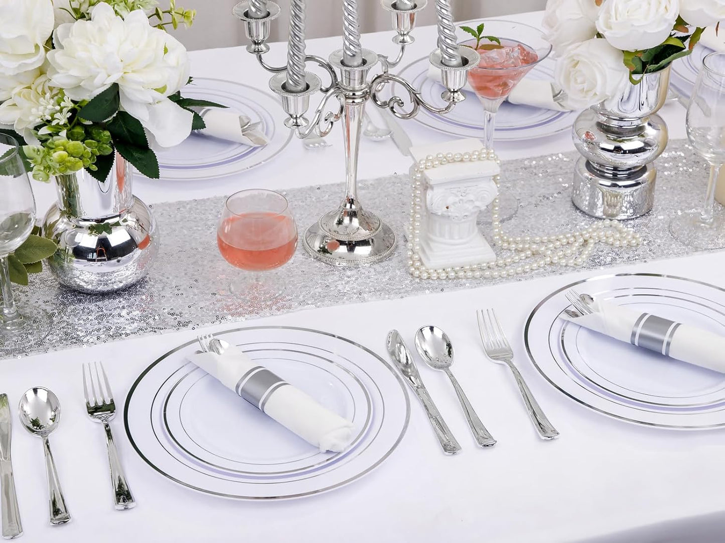 Supernal 240 Silver Plastic Silverware Set - 60 Sets Pre Rolled Napkins with Cutlery - Mirror Polished Real Look Disposable Silver Utensils- Elegant Heavy Duty Flatware for Weddings & Catering