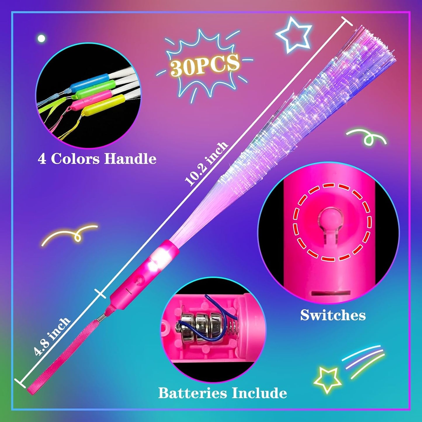TURNMEON 30 Pcs Colorful Glow Fiber Wands,Toys Glow Sticks Bulk Party Pack for Adults,Glow in the Dark Party Supplies for Patriotic,football ,Wedding, Birthday,Classroom,Concert,Pool carnival
