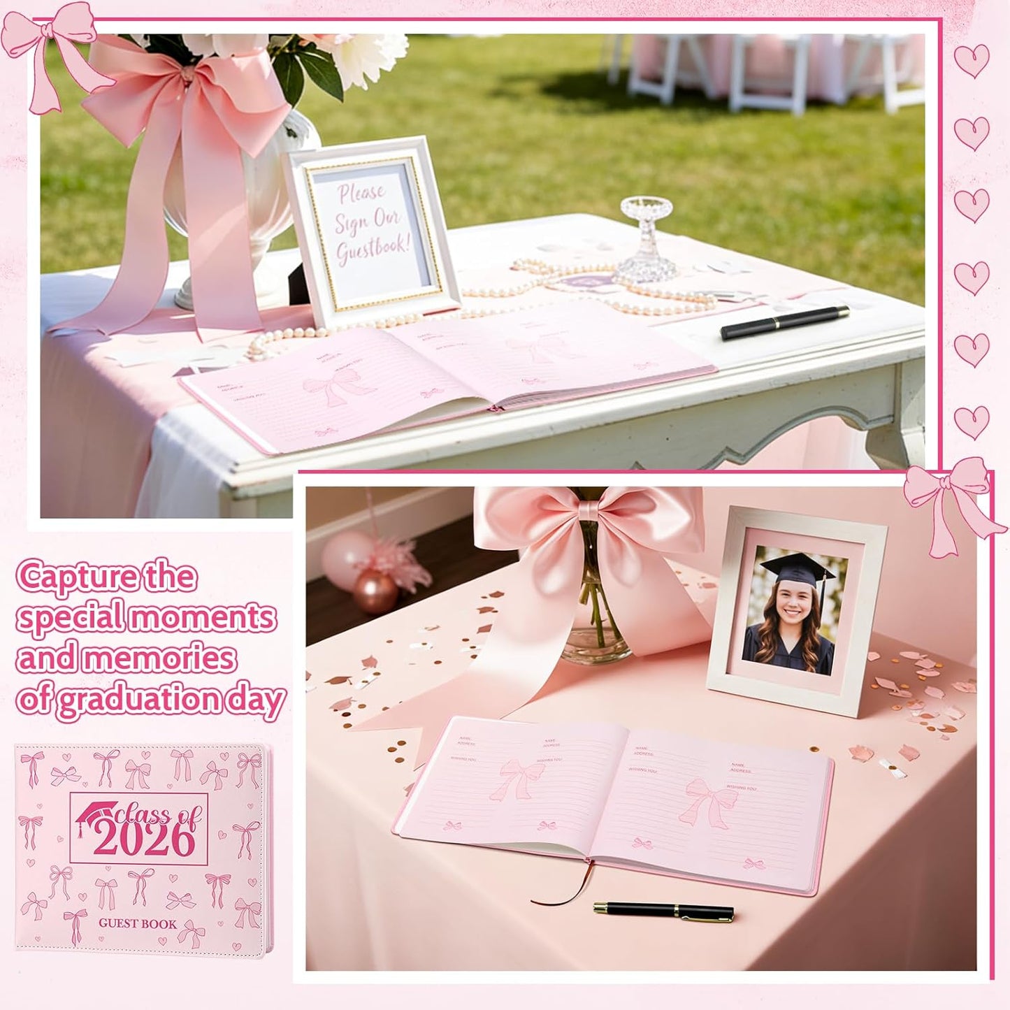 Patelai Pink Bow Graduation Guest Book Class of 2026 Party Decorations Leather Graduation Guest Signature Party Sign Gift with Pen, 112 Pages (Congrats Grad)