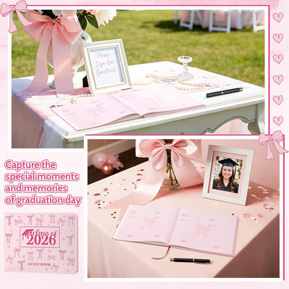 Patelai Pink Bow Graduation Guest Book Class of 2026 Party Decorations Leather Graduation Guest Signature Party Sign Gift with Pen, 112 Pages (Congrats Grad)