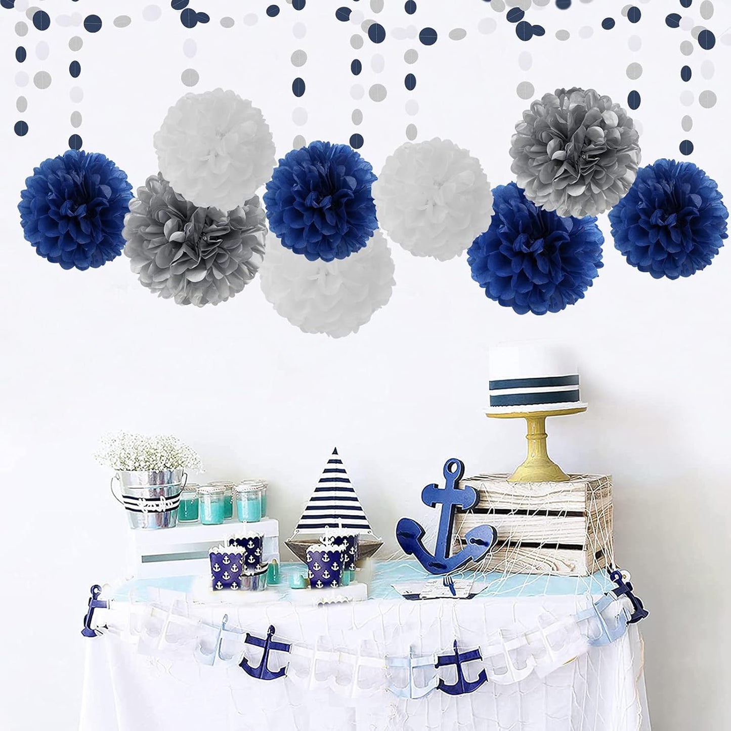 Navy-Blue White Silver Tissue Pom-Poms - 15pcs 5 Size Party Decorations Paper Flowers,Graduation Wedding Baby Bridal Shower Room Hanging Decorations Boy Birthday Party Backdrop Decor Panduola