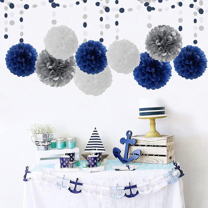 Navy-Blue White Silver Tissue Pom-Poms - 15pcs 5 Size Party Decorations Paper Flowers,Graduation Wedding Baby Bridal Shower Room Hanging Decorations Boy Birthday Party Backdrop Decor Panduola