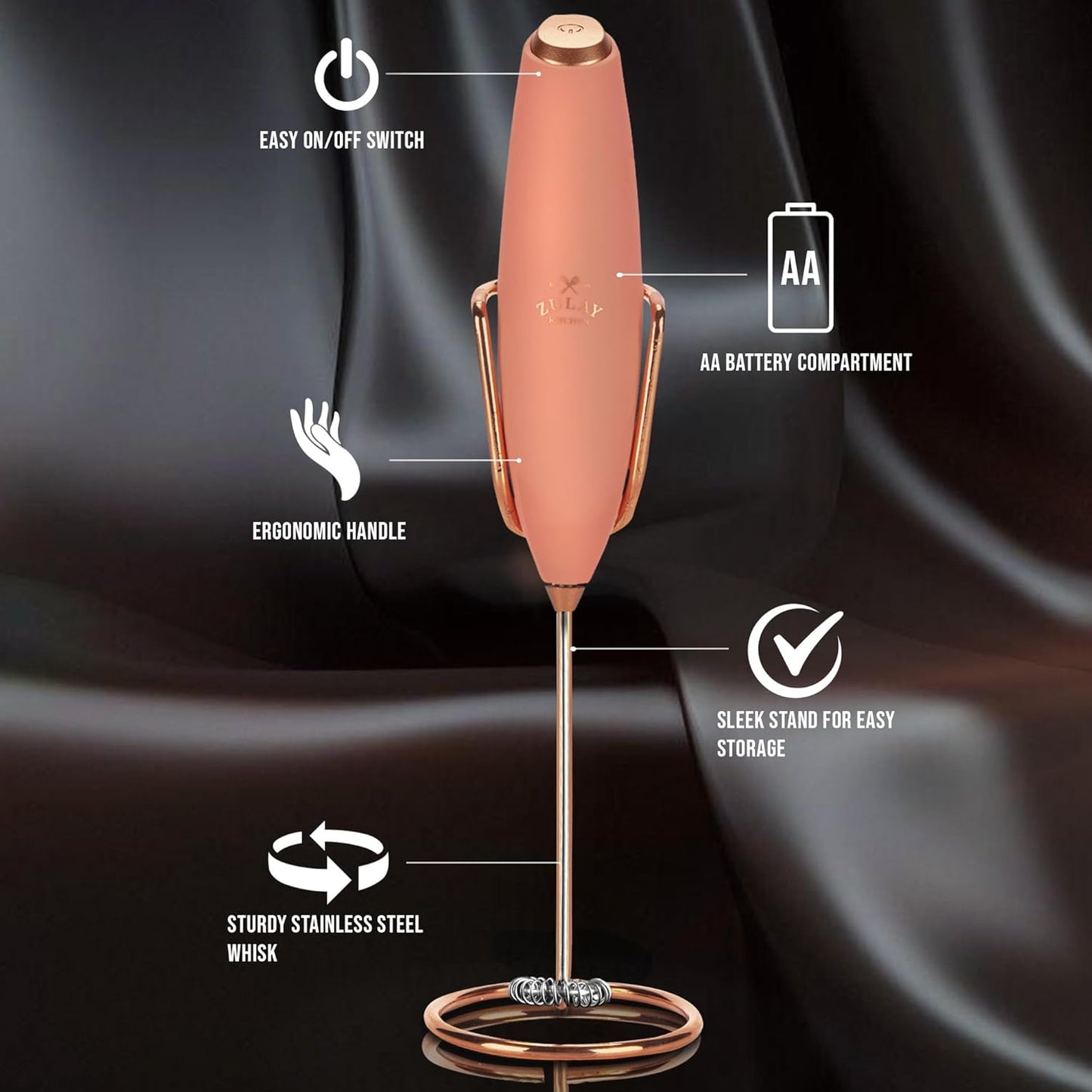 Zulay Kitchen Powerful Milk Frother Wand With Duracell Batteries - Ultra Fast Handheld Drink Mixer - Electric Whisk Foam Maker for Coffee, Lattes, Cappuccino & Matcha - Z1 Motor - Black - Colors A
