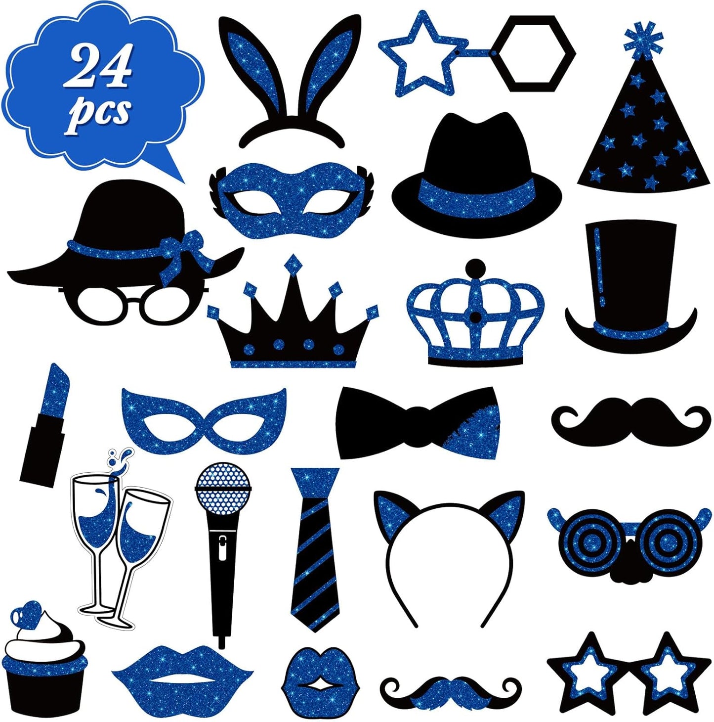 Zonon 24 Pcs Funny Photo Booth Props Class of 2026 Graduation Birthday Wedding Family Class Reunion Prom Disco Party Celebration Decoration Supplies Mix of Hats, Lipstick, Tie(Blue and Black)