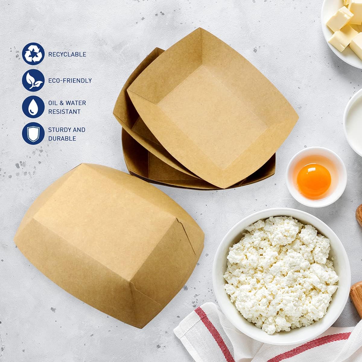 Oomcu 100 Pack 3 lb Heavy Duty Paper Food Trays - Disposable Kraft Brown Paper Boats for Party Snacks, Nachos, Hot Dogs, Tacos & BBQ