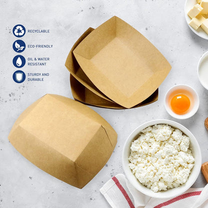 Oomcu 100 Pack 3 lb Heavy Duty Paper Food Trays - Disposable Kraft Brown Paper Boats for Party Snacks, Nachos, Hot Dogs, Tacos & BBQ