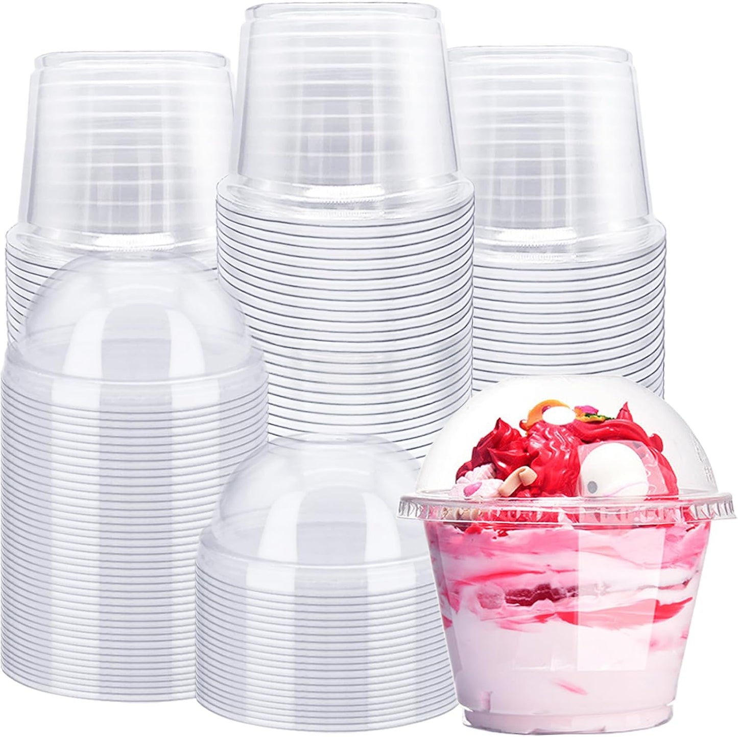 Alaeseje 50 Pack 8oz Disposable Clear Plastic Cups with Dome Lids(Hole in the Lid),PET Dessert Cups,Disposable Snack Bowls for Ice Cream,Cake,Fruit,Parfait, Pudding and Jello Shot