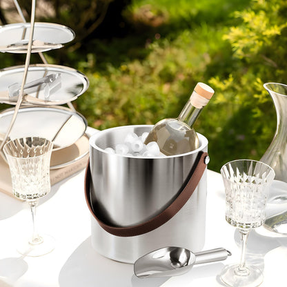 Bakpoco Double-Wall Vacuum Insulated Ice Bucket with Lid, Scoop, Ice Tong, Strainer & Leather Handle Keep Ice Frozen Longer Large Wine Ice Buckets for Cocktail Bar,Parties Chilling Beer Champagne 3L