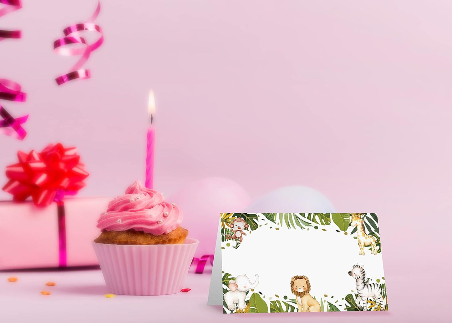 Table Place Card, Jungle Safari Animals Themed Tent Style Cards, Pack of 25 Half-Fold Reception Place Card, Gold Wild Animal Food Labels, Perfect for Baby Shower, Birthday Party C08