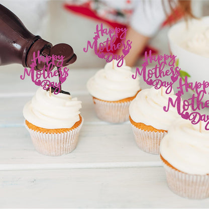24 PCS Happy Mother's Day Cupcake Toppers with Glitter Heart Love Mother Best Mom Cupcake Picks for Happy Mother's Day Theme Women Birthday Party Cake Decorations Supplies Rose Gold