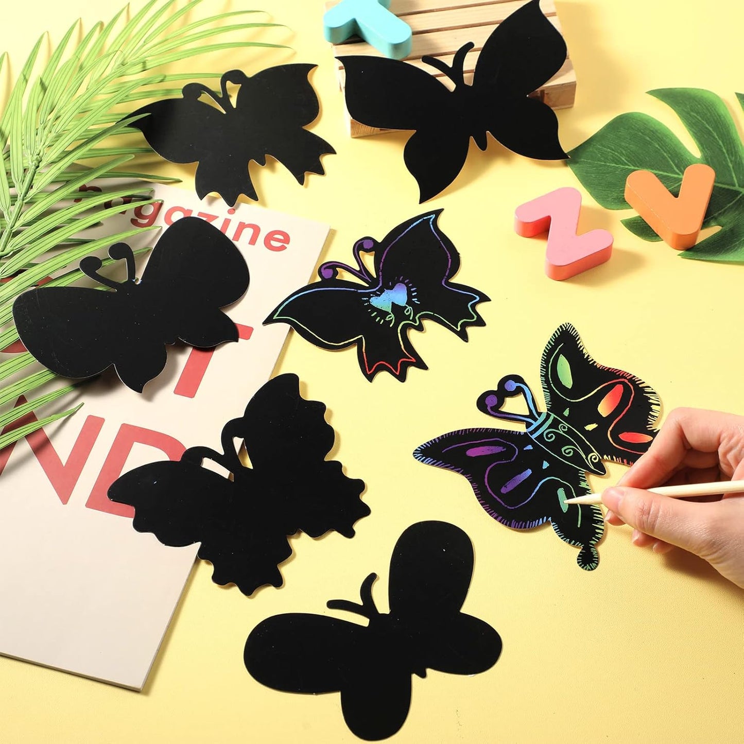 Landhoow 24 Pcs Butterfly Scratch Cards Spring Paper Scratch Butterfly Craft Art Kits with Bamboo Stylus Spring Party Favors for DIY Crafts Home Ornaments in 6 Styles