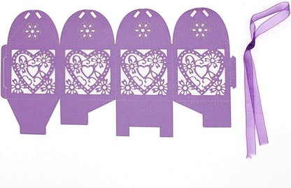 KPOSIYA 100 Pack Love Heart Laser Cut Wedding Party Favor Box Candy Bag Chocolate Gift Boxes Bridal Birthday Shower Bomboniere with Ribbons
