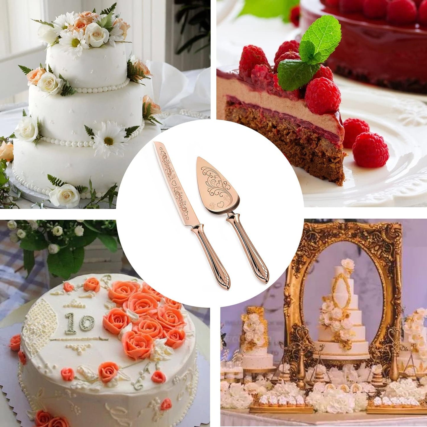 KSENDALO Wedding Cake Knife and Server Set, Rose Gold Serrated Knife Cake Cutting Set, Deluxe SUS304 Stainless Steel for Weddings, Birthdays & Anniversary (13.78inch Long)