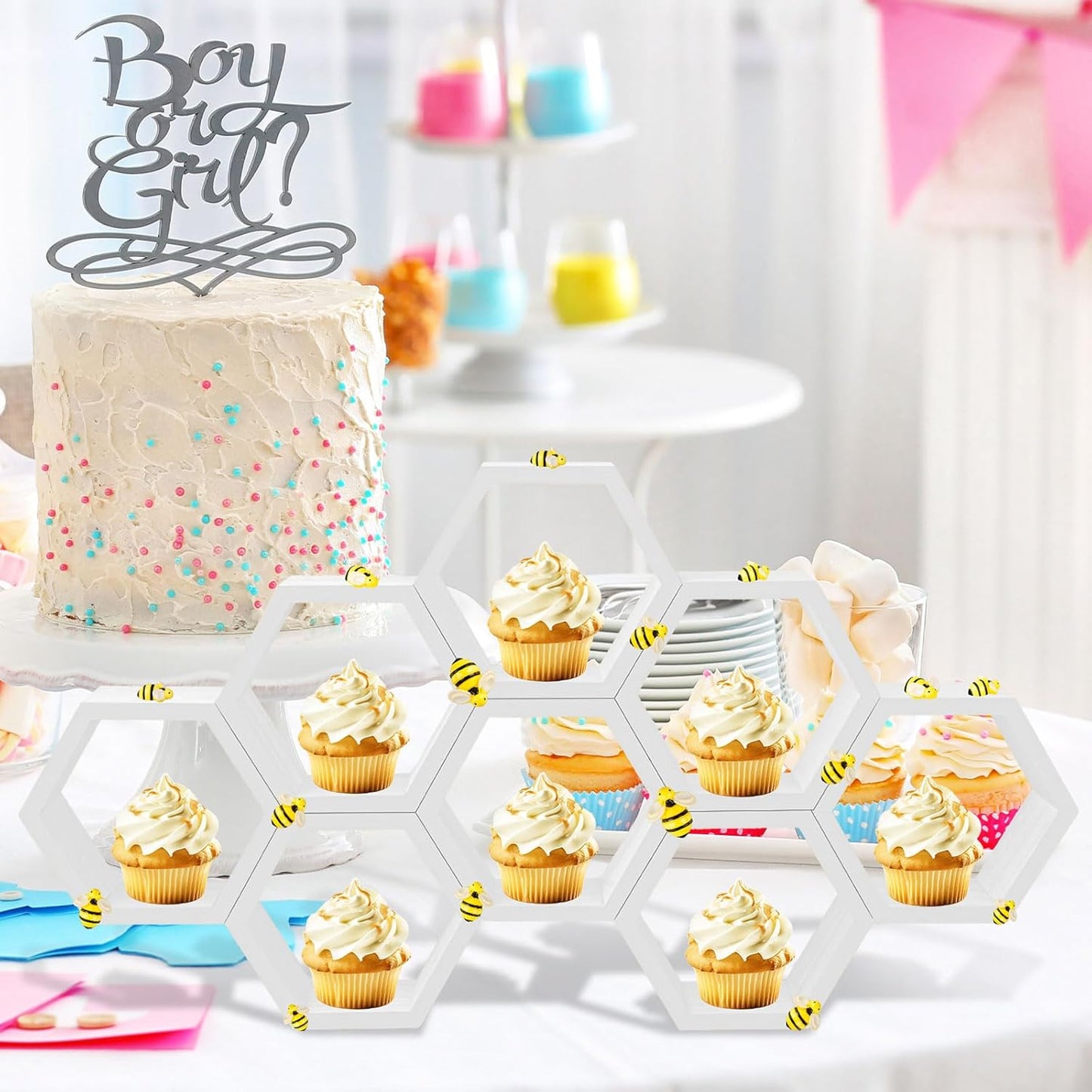 8 Pcs 4.13 Inch Honeycomb Cupcake Stand Cake Farmhouse Hexagon Display Holder Hexagonal Wood Cupcake Stand Floating Table Sign with Wooden Bee for Wedding Baby Shower Birthday Party Table Decorations