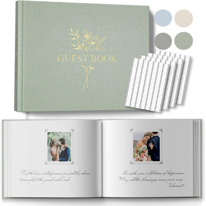 Wedding Guest Book for Memorial Service with 216 Photo Corners Stickers, Linen Guestbook to Sign at Bridal Shower or Wedding Reception Party,100 Pages, Blank Thick Paper Books for Baby Shower- Sage