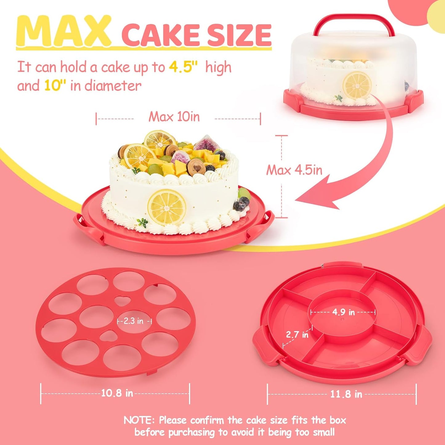 Cake Carrier with Lid and Handle, Ohuhu BPA-Free Cake Containers Cake Holder for 10 inch Cake with 2 Handle Cupcake Carrier - Plastic Cover Two Sided Base for Transport Pie Nut Fruit Mothers Day Gifts